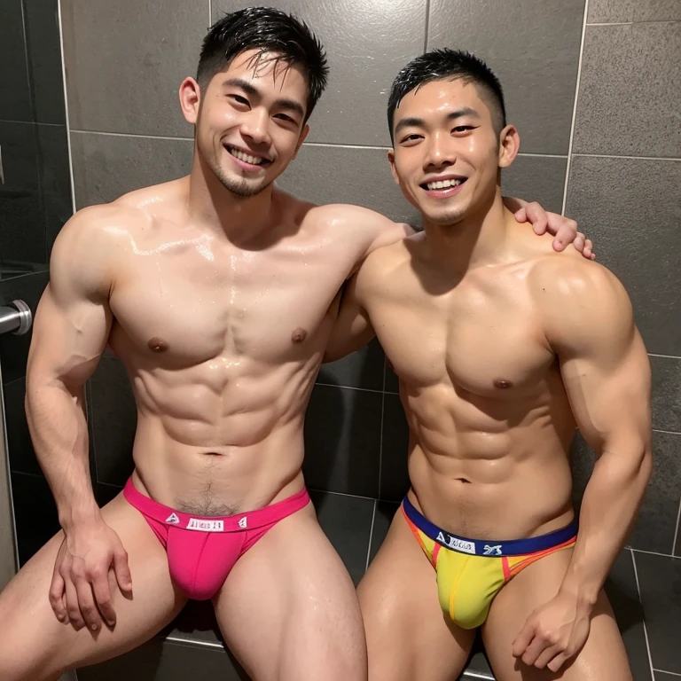 two japanese men、Both of them have shaved heads and very large, well-trained muscles.、While showing off some very risqué and brightly colored boxer briefs、In a small shower room、The whole body is visible、Sitting upright、Smiling with his mouth wide open、With a friendly arm around my shoulder