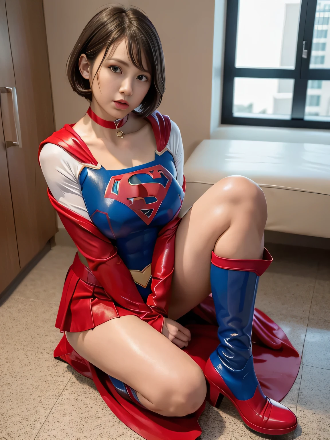 masterpiece、Rubber Supergirl Costume、short hair、Rubber Long Boots、Big and ample breasts、looking at the camera、choker、Long sleeve、Red cloak、mini skirt、Off the shoulder、Sweaty skin、Hospital room、Photo magazine cover、During treatment、Sit down and show off your beautiful legs、Knee-length boots、