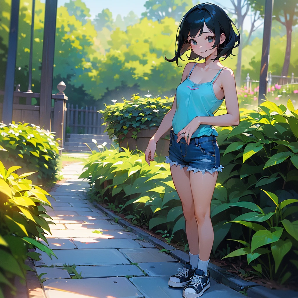 (high quality, High resolution, Very detailed, reality:1.37), Peaceful atmosphere, (Outdoor, garden), age girl standing alone, (my breasts are big.), Beautiful details, Cute Smile, (Black bob hair), camisole, Denim shorts, Blue socks, sneakers.