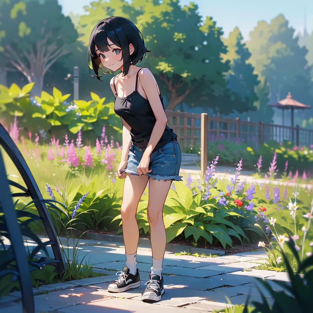 (high quality, High resolution, Very detailed, reality:1.37), Peaceful atmosphere, (Outdoor, garden), Teenage girl standing alone, (my breasts are big.), Beautiful details, Cute Smile, (Black bob hair), camisole, Denim shorts, Blue socks, sneakers.