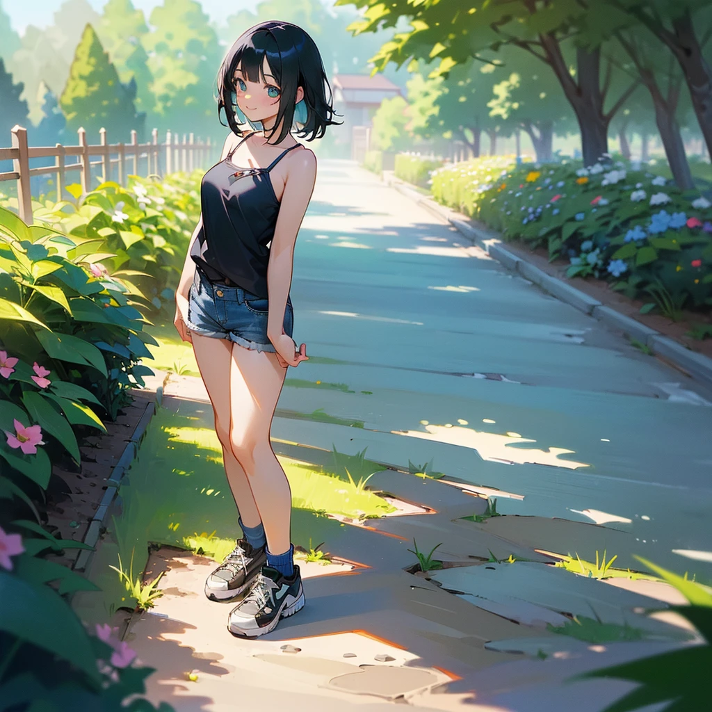 (high quality, High resolution, Very detailed, reality:1.37), Peaceful atmosphere, (Outdoor, garden), age girl standing alone, (my brea big.), Beautiful details, Cute Smile, (Black bob hair), camisole, Denim shorts, Blue socks, sneakers.