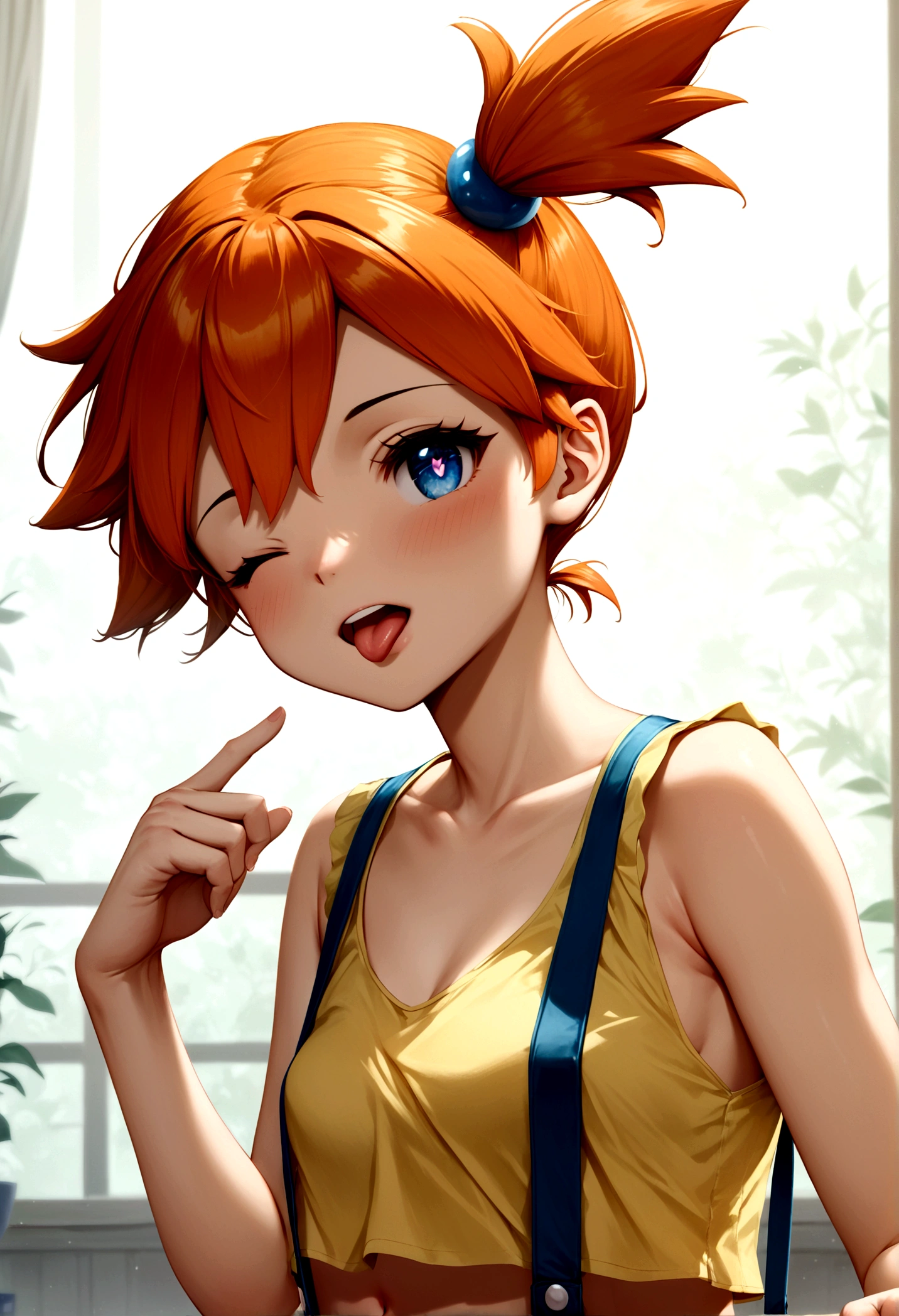 score_9, score_8_up, score_7_up, score_6_up, score_5_up, zPDXL2, max detail, 4k wallpaper, masterpiece, best quality, absurdres, highres, source_anime, PokemonStyle, pokemon \(anime\),flat color, 1girl, solo, misty (pokemon), open mouth, orange hair, blue eyes, upper body, suspenders, side ponytail, breasts, teeth, blush, outline, shirt, short hair, yellow shirt,navel,shorts,white background, simple background, sleeveless, bangs, looking to the front, upper teeth only, bright pupils, bare shoulders, sleeveless shirt,one closed eye, tongue