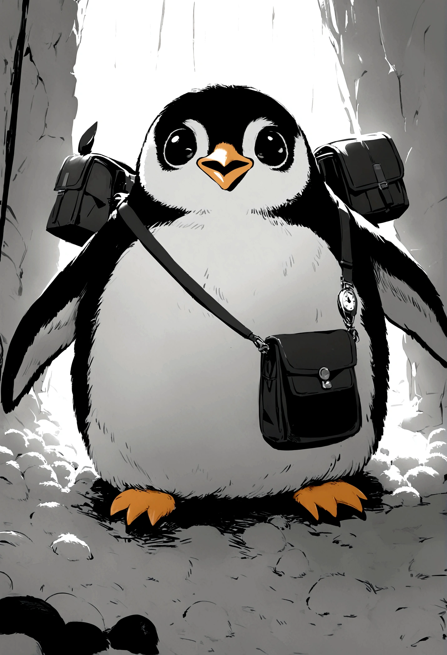 photoRealstic、How to draw a cute picture ((Chonkey Penguin 🐧)) Go on an adventure, Cute look, A ((Small Bag Pack)) In the depths of the penguins, hard disk ,Soft contrast, ((Fluffy Penguins 🐧)), Adorable