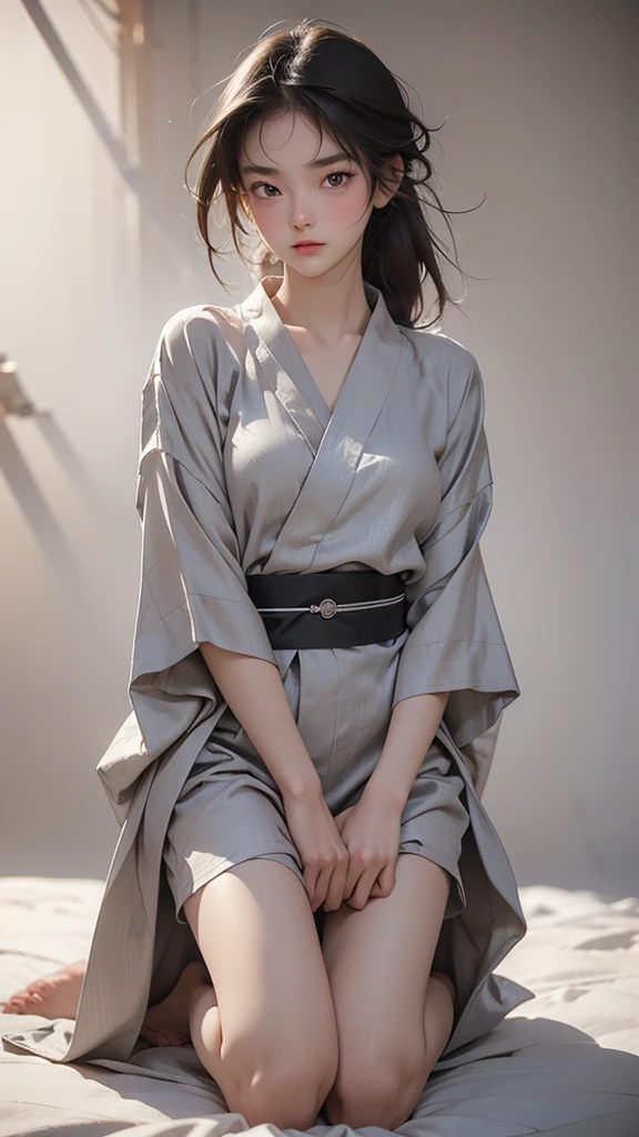 ((best quality, 8K, masterpiece :1.3)), Clear focus:1.2 ， Photorealistic，(light)，Facial detail texture. Eye details. Double eyelids, slim body. Super small breasts, Sexy clavicle， girl, Photo-realistic:1.37，Perfect eyes, ((1 Girl in a gray yukata))，（White belt），(Thick cloth)，((Ripped Linen))，There are pictures，Dark brown hair，Long hair draped loosely，Bangs，Kneeling in the snow，barefoot，Put your hands behind your back，Kneeling，Full body portrait，Short sleeve，Short skirt，Show your thighs，Wrinkles，((Solid color background))，Very shy，blush，Get wet