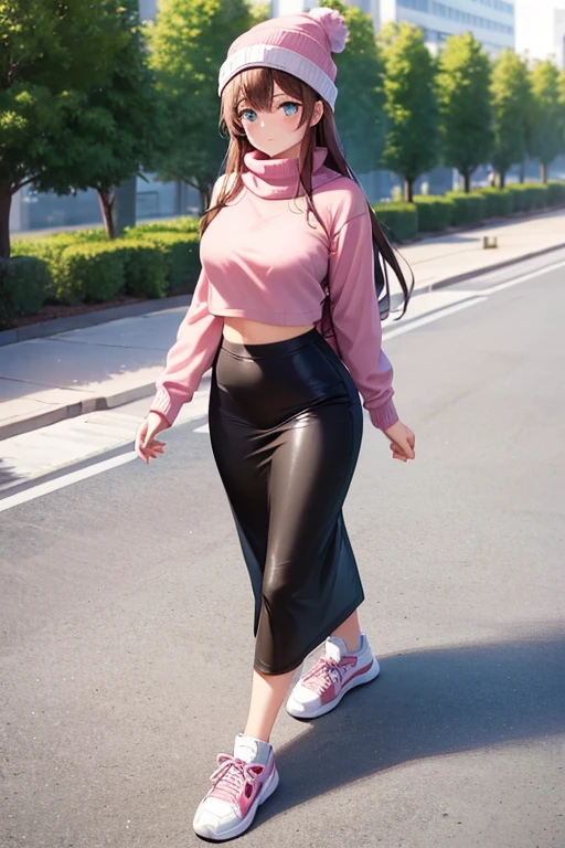 best quality, 1girl, woman wearing pink sweater, crop top, tight midi pencil skirt black, long length pencil skirt, modest skirt, long brown hair, looking at viewer, full body, walking, blush, sneakers and socks, garden, fall, large bust, beanie, scarf