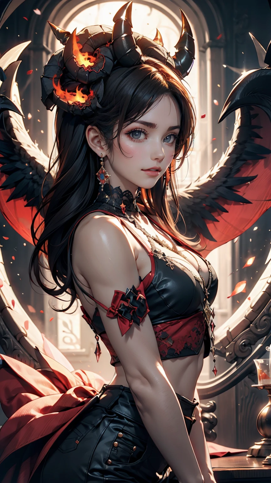(Seventh Hell:1.8) (EcoVault:1), ((born, Analog Style)), Cinema Lighting, Atmospheric lights, God's Rays, Super detailed, bloom, Dramatic atmosphere, Centered, rule odebt thirds, debt/1.4, 6mm, High angle shot,24-year-old female、Red hair、Shortcuts、The ends of the hair curl inwards、White hair band、Sexy proportions、Sexy、Narrow waist、Off-the-shoulder tops、Cleavage Emphasis、