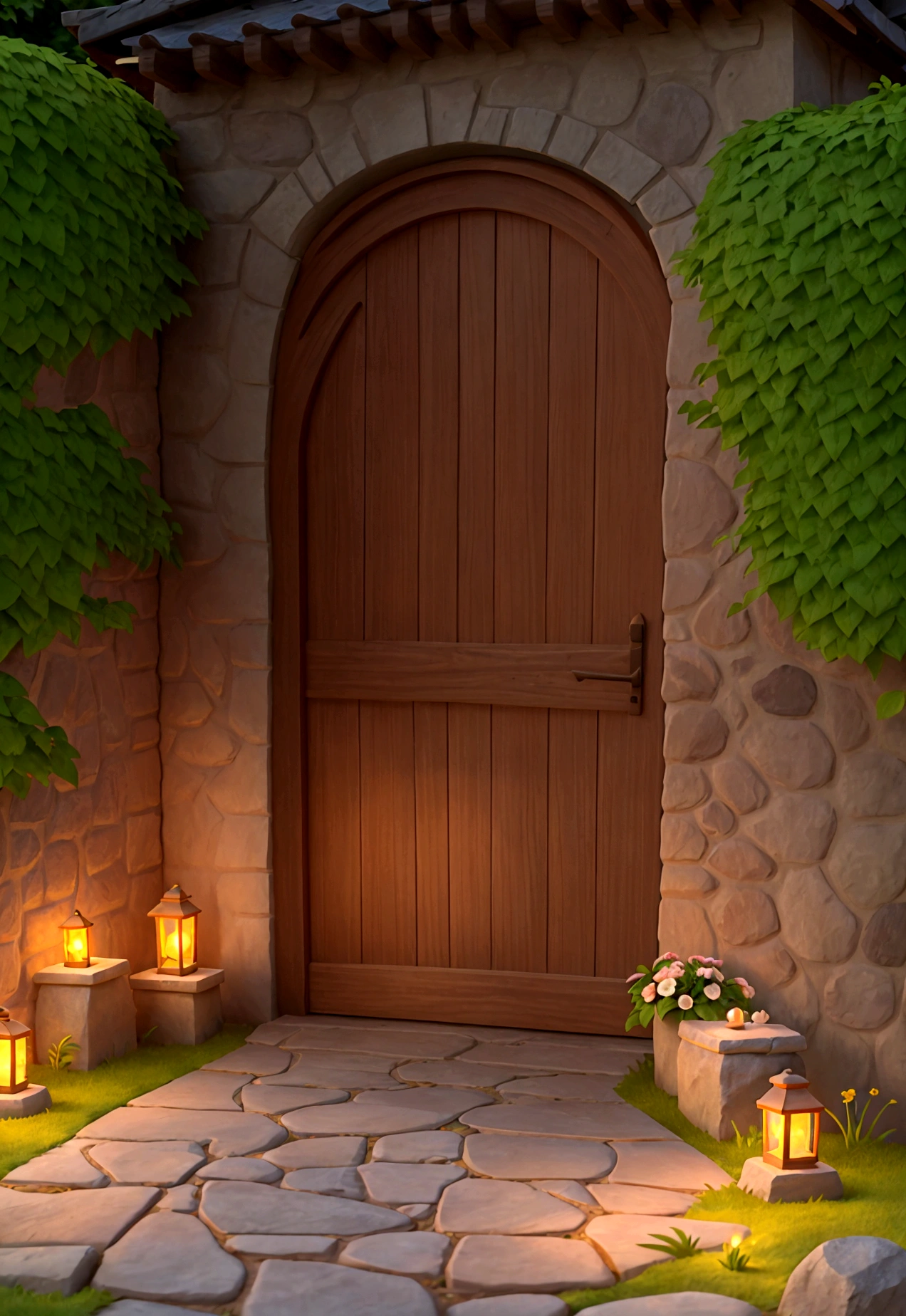a stone wall, a refined wooden door, a stone path, garden, flowers, mystic, light orange lights, details.