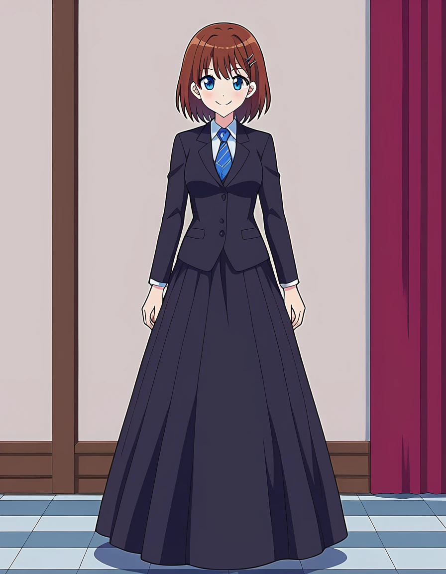 high school girl、whole body、smile、Are standing、1girl、black suit、Long Skirt
