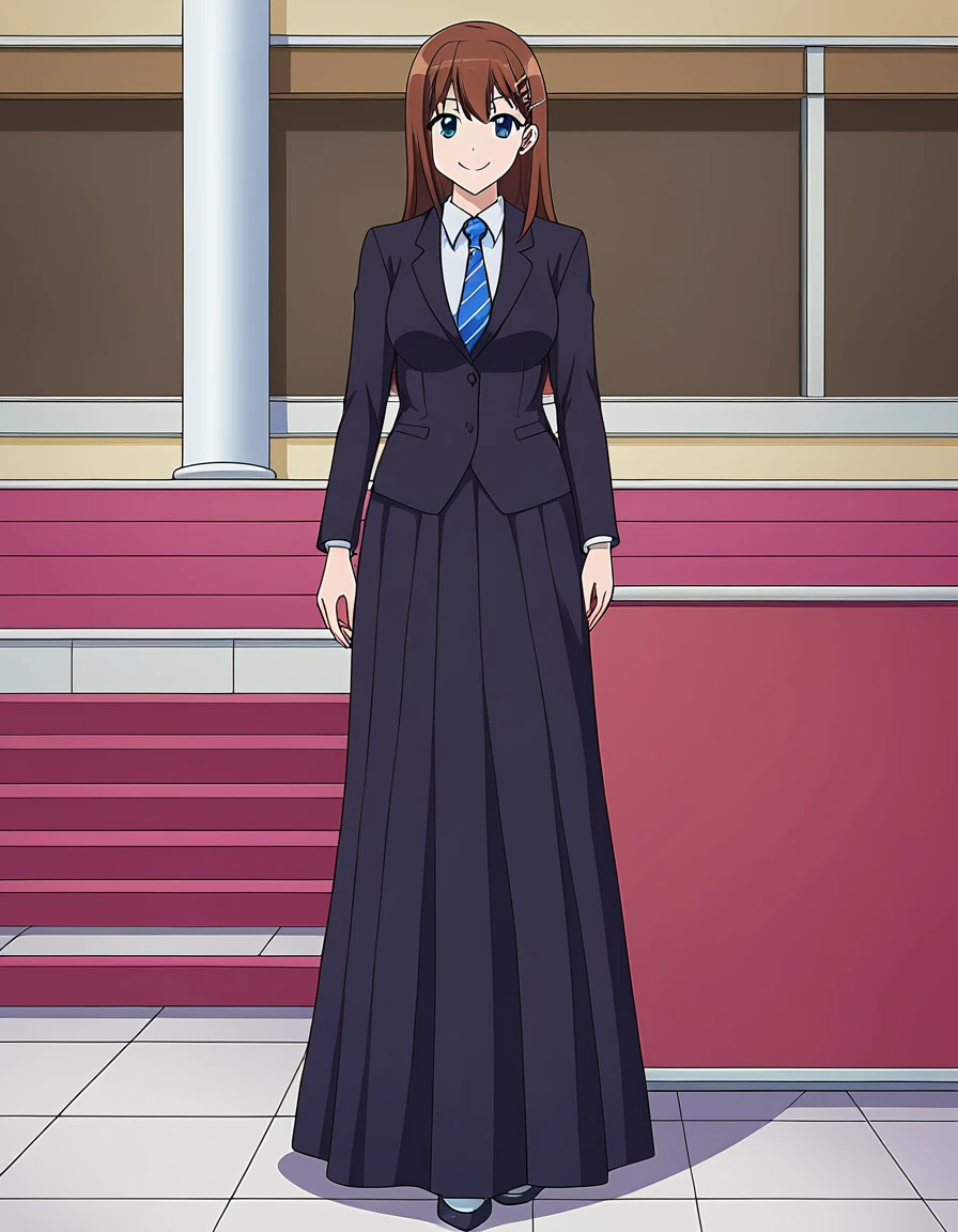 high school girl、whole body、smile、Are standing、1girl、black suit、Long Skirt