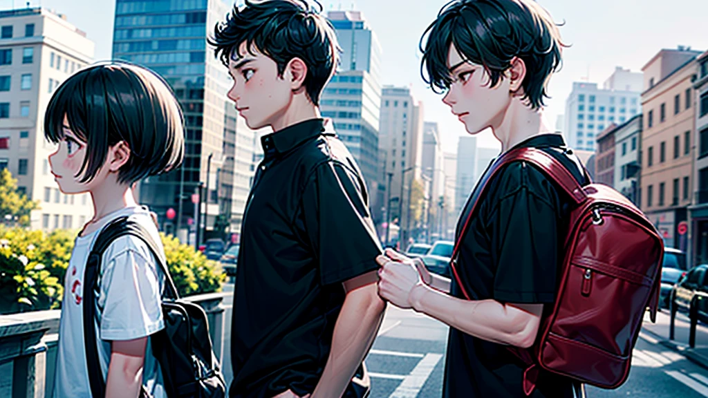 score_9,score_8_superior,(((Highest quality、Masterpiece、Official Art、The best dynamic composition、Super detailed)))、(((Single Mother)))、(((28Year-old mother and 6-year-old boy)))、A mother watches her son walk to school alone, wearing a black backpack.、Heartwarming、A gentle smile、A sparkling world、Gentle sunlight、Focus on the face、