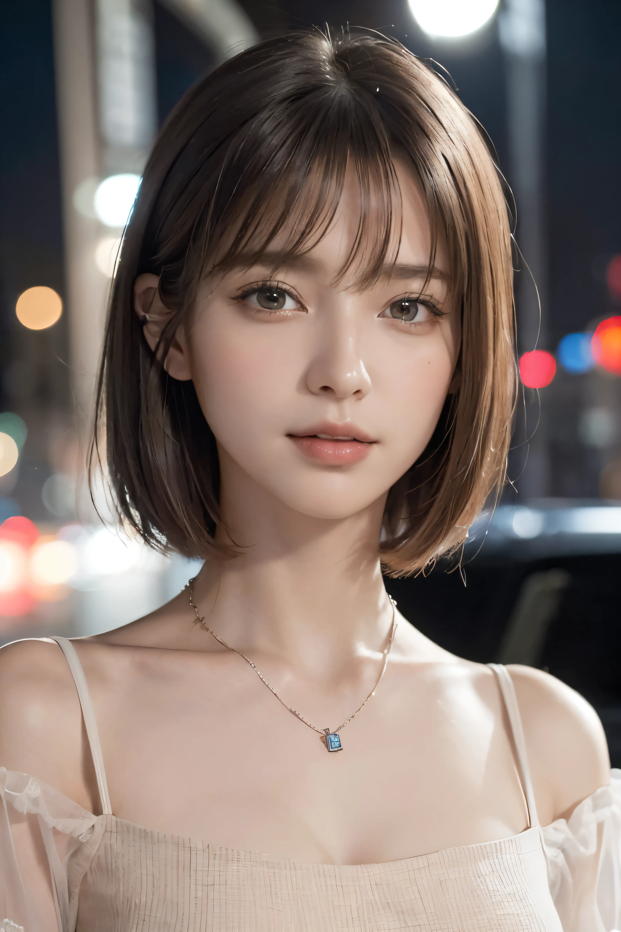 ((beste Qualität、The Masterpiece:1.3))、sharpening Focus:1.2、(Realstic、photorealestic:1.37)、Perfect beautiful woman、Highly detailed facial and skin texture、Detailed eyes and double eyelids、Small smile、Shortcut Hair、Smaller bust、Small necklace、Light-colored cotton RED summer dress、Street at night、traffic jam、