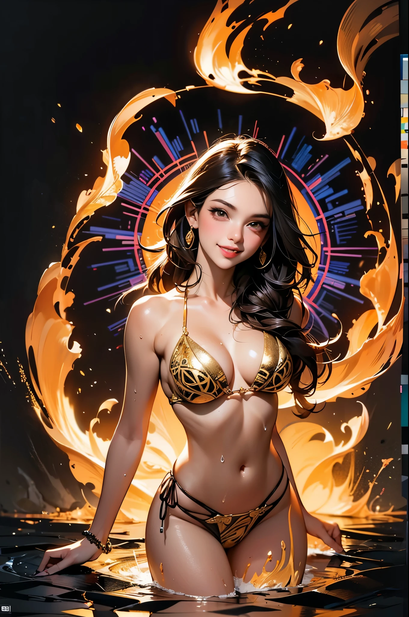 official art, unified 8k wallpaper, Super detailed, fair Beauty, fair, masterpiece, best quality, (Zentangle, mandala, Tangled, twist), (ecstasy flower: 1.2) Dynamic angle, golden bikini hot wet, happy smiles, The Most fair Chaotic Forms, grace, brutalist design, bright colors, atmosphere, Golden, sun god, fire