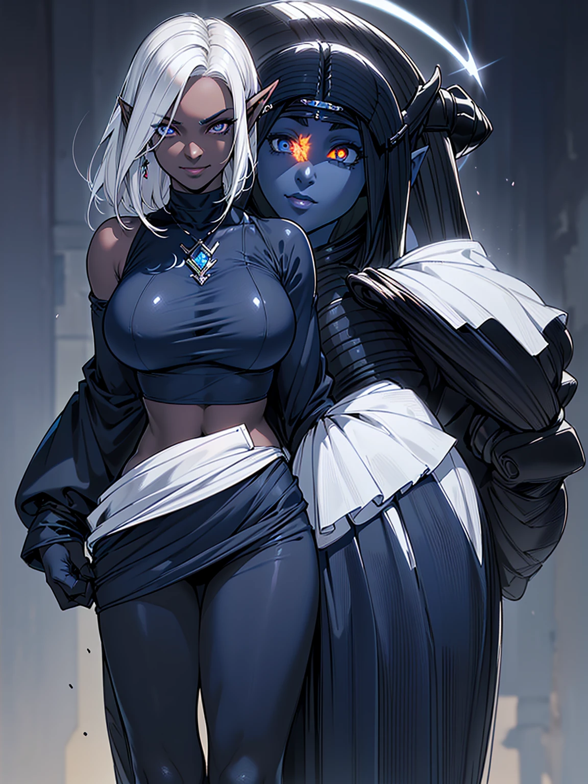 (masterpiece, max detailed, max resolution), a beautiful adult woman, (((short white straight hair, dark blue skin tone1:3, dark-elf, narrow eyes))), smiling, fit, big body, big breasts, ((black crop top)), josei anime style, black panties, full body picture,