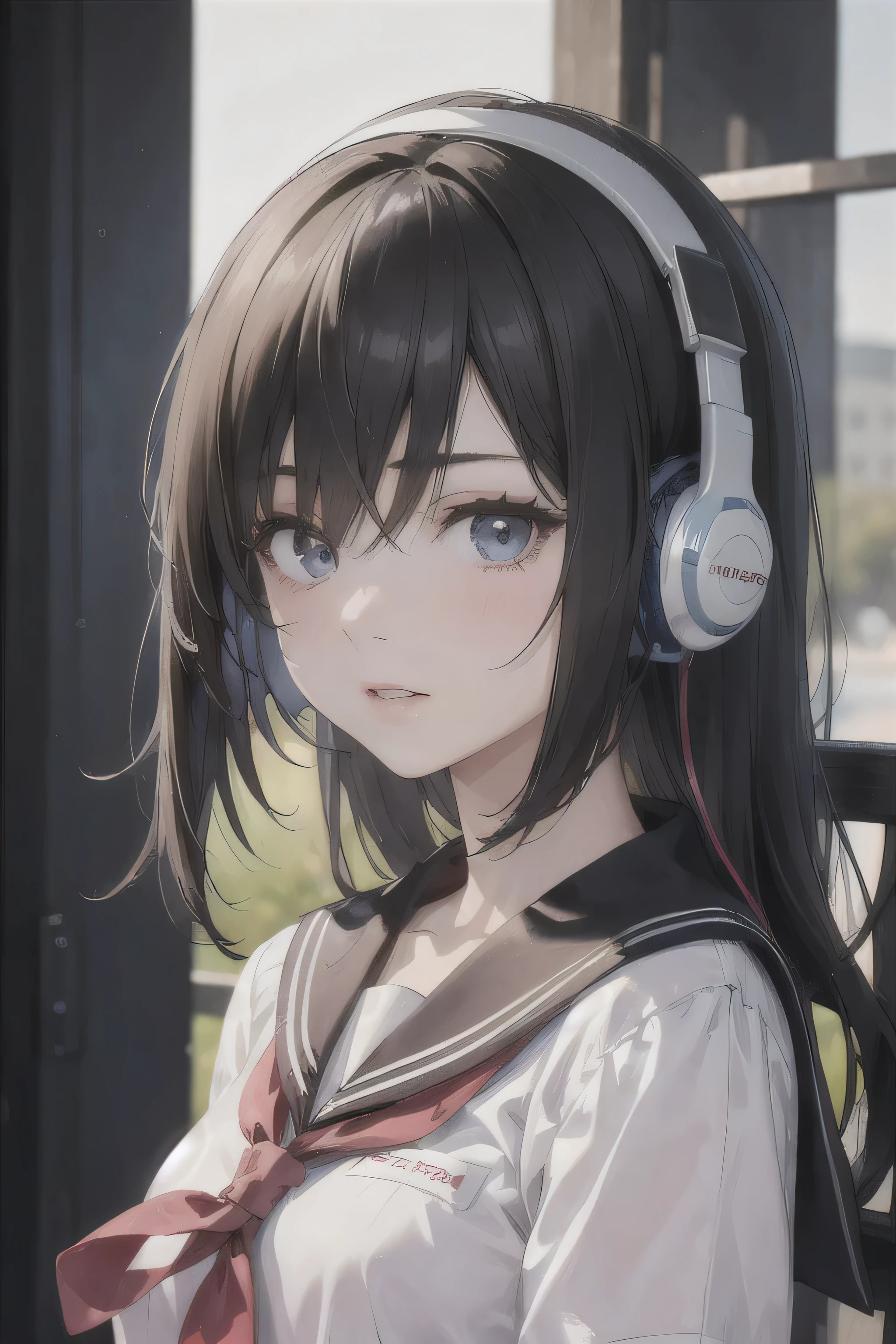 Portrait of a dark-haired girl,alone,18-year-old,Beautiful Face,Upper Body,Hair on one eye,Medium Sidecut, Sharp focus,Headphones,Sailor suit