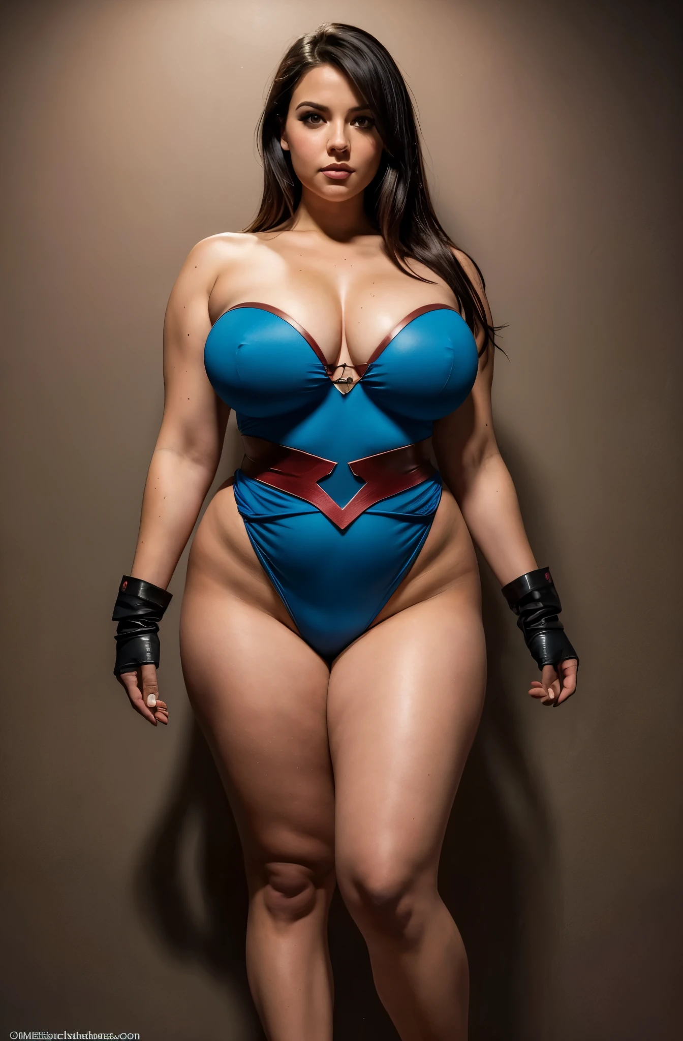 foto de uma superheroina, standing, (pink skin tone), staring overhead, eye contact, (mouth  wide open: 1,0), chubby body, Waist slender, Female One, huge and round breasts, wearing blue and red strapless leotard, (dark haired:1.2 ), venat, beautiful  face, fleshy lips, Slender Face, protruding cheekbones, brawny, No Mohrbacher artistic style, in style of peter mohrbacher.  (Thick thighs:1.2), (full body:1.5), (body shot:1.5)