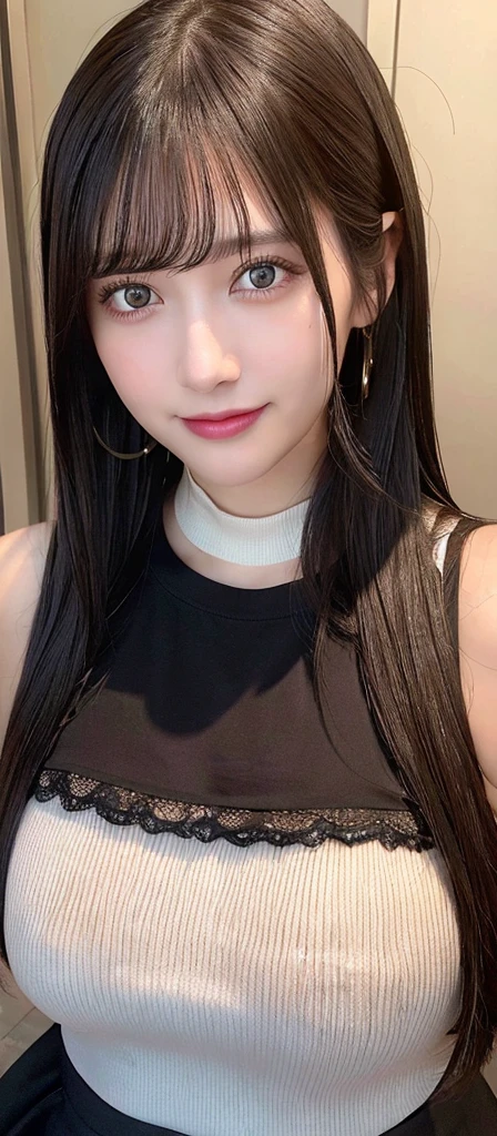 (realistic, high resolution:1.3), (face close up), 1 girl with perfect figure, super fine face and eyes, black hair,medium hair, tank top: 1.2 in random colors, short、skirt, bridge, big breasts, cleavage, choker, smile