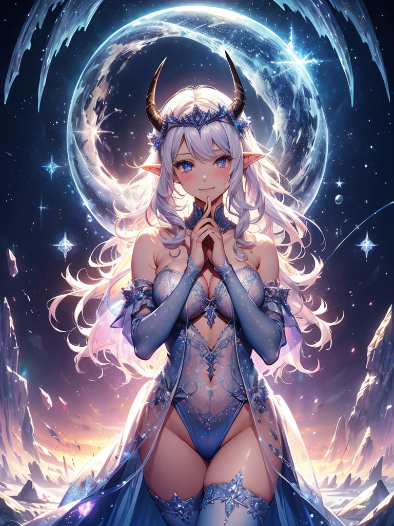 (((1 demoness))), ((detailed blue eyes)), ((long silver hair)), large breasts, curvy hips, perfectly drawn body, seductive smile, nude, perfect butt, rear view, backside view, best quality, masterpiece, ultra-detailed