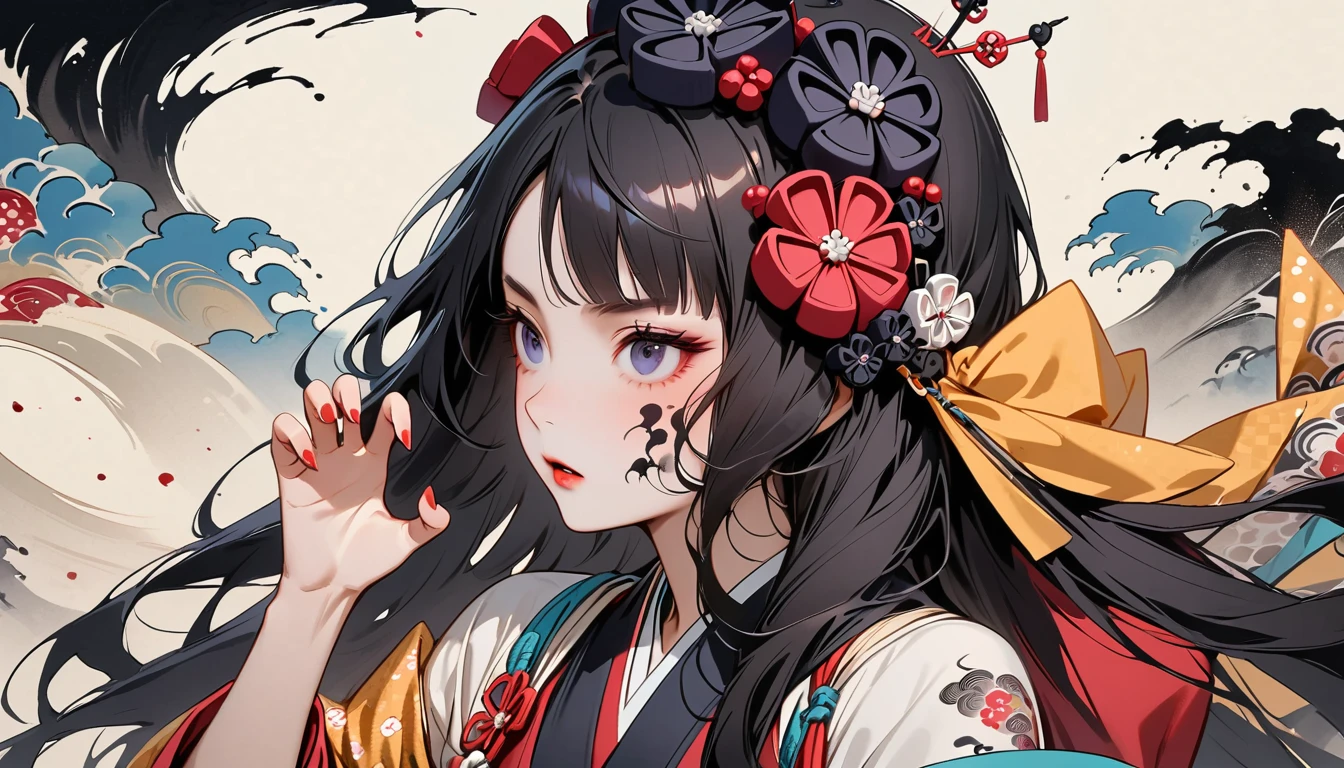 (((Horror elements))), (((TATOO on the face))), (((claw pose))), (((Highest quality))), (((Katsushika Hokusai))), (((Ink Painting))), ((very straight longhair)), ((1 girl)), ((Colorful hair accessories)), ((Beautiful girl possessed by a demon)), Japanese style headphones, Black Hair, Delicate and precise, Modern ukiyo-e style, head shot