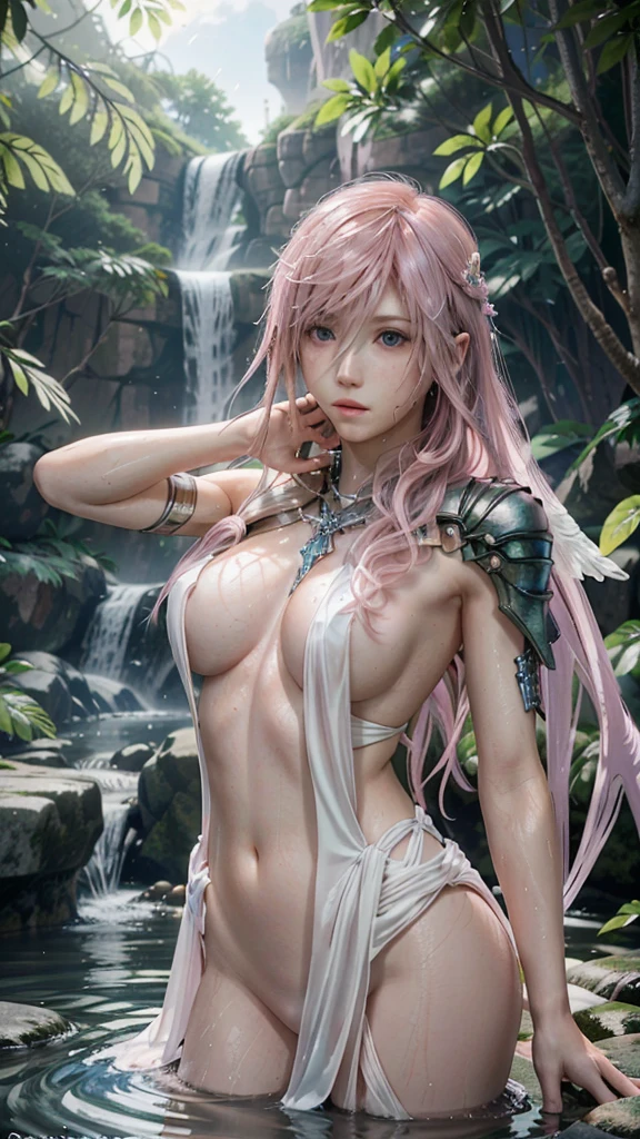 (masterpiece, Highest quality:1.3)
Lightning FF13, 1 girl, alone, Long Hair, Pink Hair、Completely naked、All Nude、View your viewers、Upper body up、View your viewers、Singing to the Waterfall、Taki training、Body covered in water、Nothing to wear、Born as is、goddess、Angel