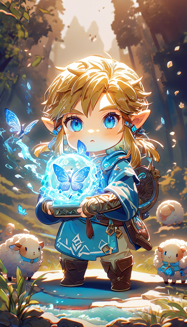 absurdres, highres, ultra detailed, HDR, master piece, best quality, extremely detailed, Link chibi, blonde hair, expressive blue eyes, The Legend Of Zelda Breath Of The Wild, boy hugging a sheep, cute, small, blue tunic, magical, fantasy, magic, blue fire, forest, glittering, blue butterflies, blue petals, blue flowers