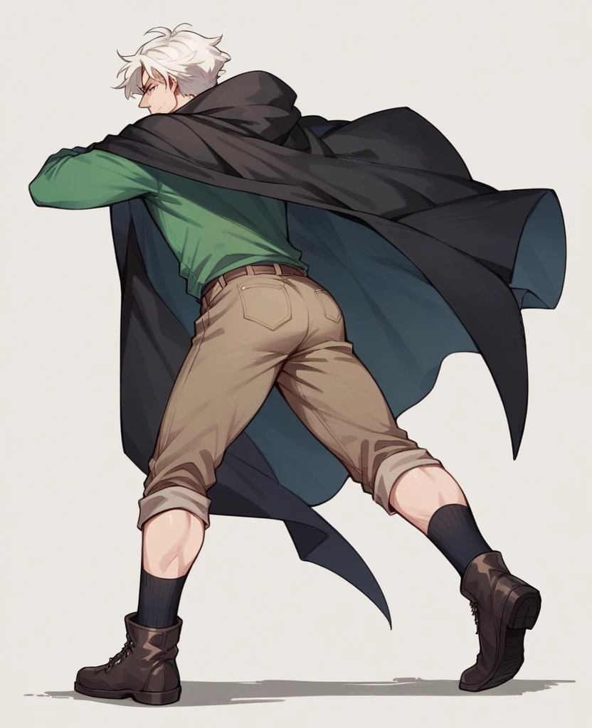 Create a British man with white hair, smooth ass, black on the sides, wearing a green t-shirt, a black cloak, a pair of brown pants, black boots and black ankle socks