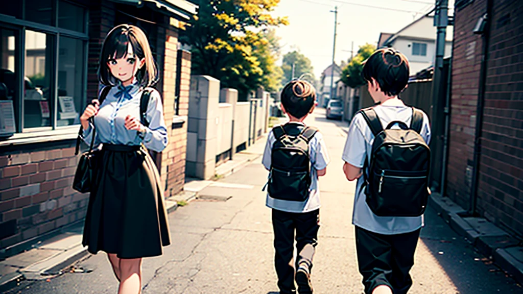 score_9,score_8_superior,(((Highest quality、Masterpiece、Official Art、The best dynamic composition、Super detailed)))、(((Single Mother)))、(((28Year-old mother and 6--old )))、A mother watches her son walk to school alone, wearing a black backpack.、Heartwarming、A gentle smile、A sparkling world、Gentle sunlight、Focus on the face、
