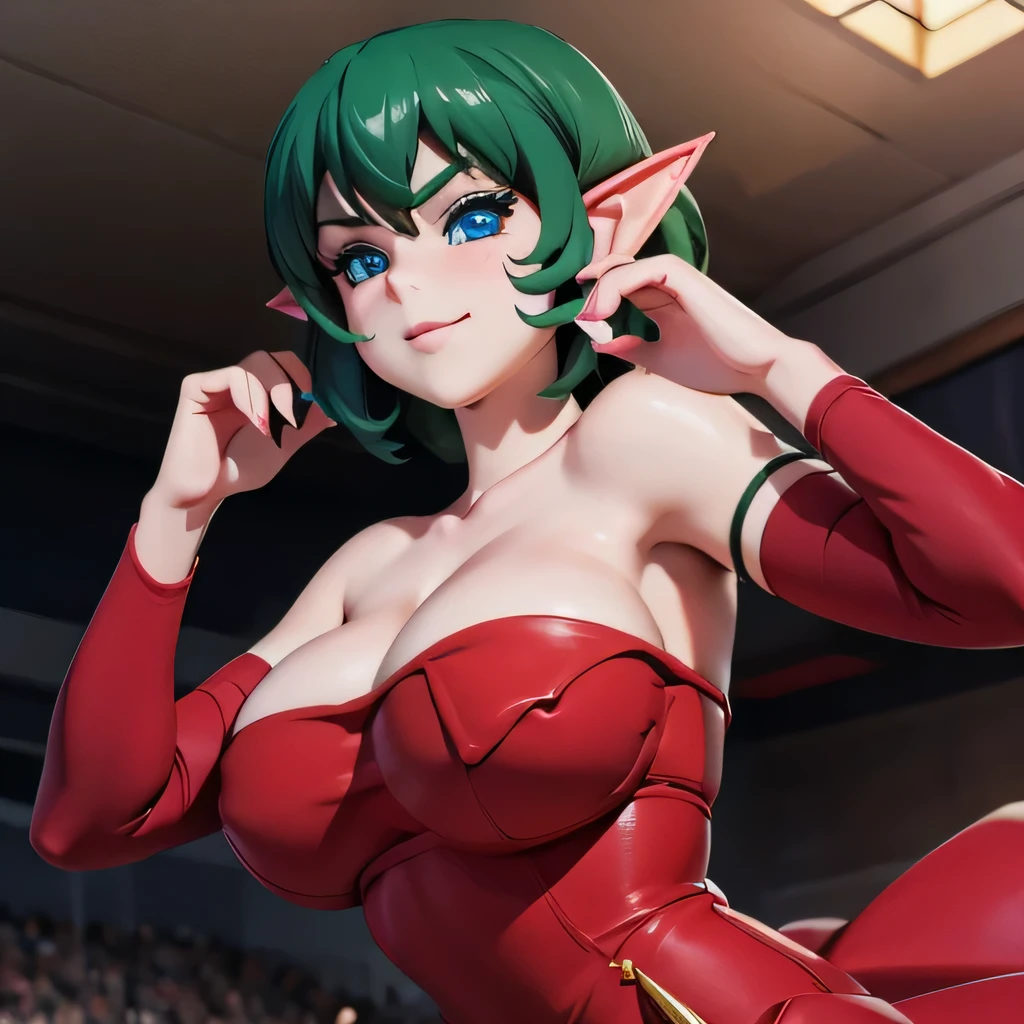 ((masterpiece,best quality,ultra-delicate,Perfect Face,16k,high resolution,very beautiful girl)),medium short green hair, seductive pose,Red strapless bodycon tube dress ,Red long arm sleeves,red high heels,Elf Girl,large Breasts,blue eyes,Beautiful smile,20 years old