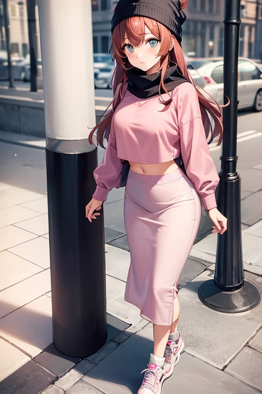 best quality, 1girl, woman wearing pink sweater, crop top, tight midi pencil skirt black, long length pencil skirt, modest skirt, long brown hair, looking at viewer, full body, walking, blush, sneakers and socks, garden, fall, large bust, beanie, red scarf