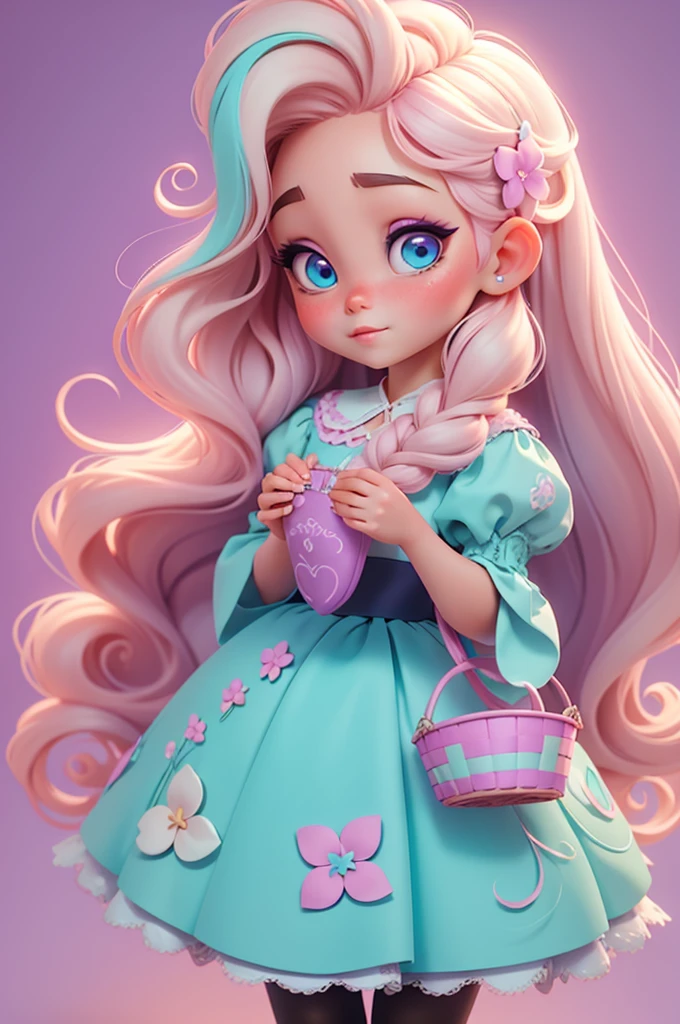 imagem de alta qualidade de uma boneca chibi Ariana Grande: boneca chibi ,illustration,detalhes delicados,Pose encantadora,lovely expression,cores suaves,roupa bonita,cabelos intrincados,beautiful eyes and lips,melhor qualidade,ultra-detalhado,fotorrealista,vivid colors, solid background, profesional lighting, girly accessories, espressiva, headband flowers, blue eyes, ombre hair, long hair, basket of flowers in hands, lovely pose, black eyes, wearing a fairy outfit pastel colors glitter, mint green, pink, and soft purple, exuberant, perfect, centered in the photo with a white background, nitid, fairy vibes, standing, pink flat shoes, vibrant, white background, blonde hair, blonde hair, hair blonde
