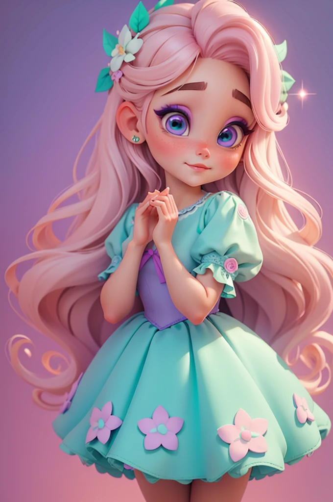 imagem de alta qualidade de uma boneca chibi Ariana Grande: boneca chibi ,illustration,detalhes delicados,Pose encantadora,lovely expression,cores suaves,roupa bonita,cabelos intrincados,beautiful eyes and lips,melhor qualidade,ultra-detalhado,fotorrealista,vivid colors, solid background, profesional lighting, girly accessories, espressiva, headband flowers, blue eyes, ombre hair, long hair, basket of flowers in hands, lovely pose, black eyes, wearing a fairy outfit pastel colors glitter, mint green, pink, and soft purple, exuberant, perfect, centered in the photo with a white background, nitid, fairy vibes, standing, pink flat shoes, vibrant, white background, blonde hair, blonde hair, hair blonde
