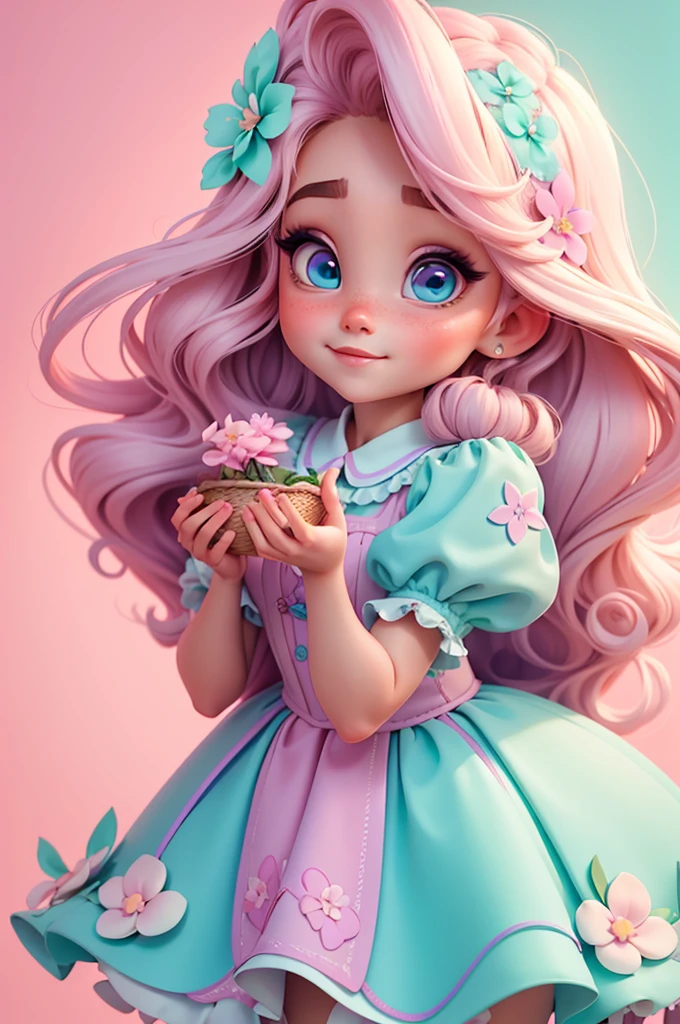 imagem de alta qualidade de uma boneca chibi Ariana Grande: boneca chibi ,illustration,detalhes delicados,Pose encantadora,lovely expression,cores suaves,roupa bonita,cabelos intrincados,beautiful eyes and lips,melhor qualidade,ultra-detalhado,fotorrealista,vivid colors, solid background, profesional lighting, girly accessories, espressiva, headband flowers, blue eyes, ombre hair, long hair, basket of flowers in hands, lovely pose, black eyes, wearing a fairy outfit pastel colors glitter, mint green, pink, and soft purple, exuberant, perfect, centered in the photo with a white background, nitid, fairy vibes, standing, pink flat shoes, vibrant, white background, blonde hair, blonde hair, hair blonde
