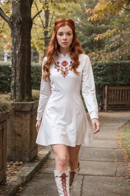a curly redhead with green eyes, profiled nose, tall and thin medium height, She wore a deep red long-sleeved dress with a white embroidered owl that ended in a knee-length skirt., reddish leather boots a pink headband