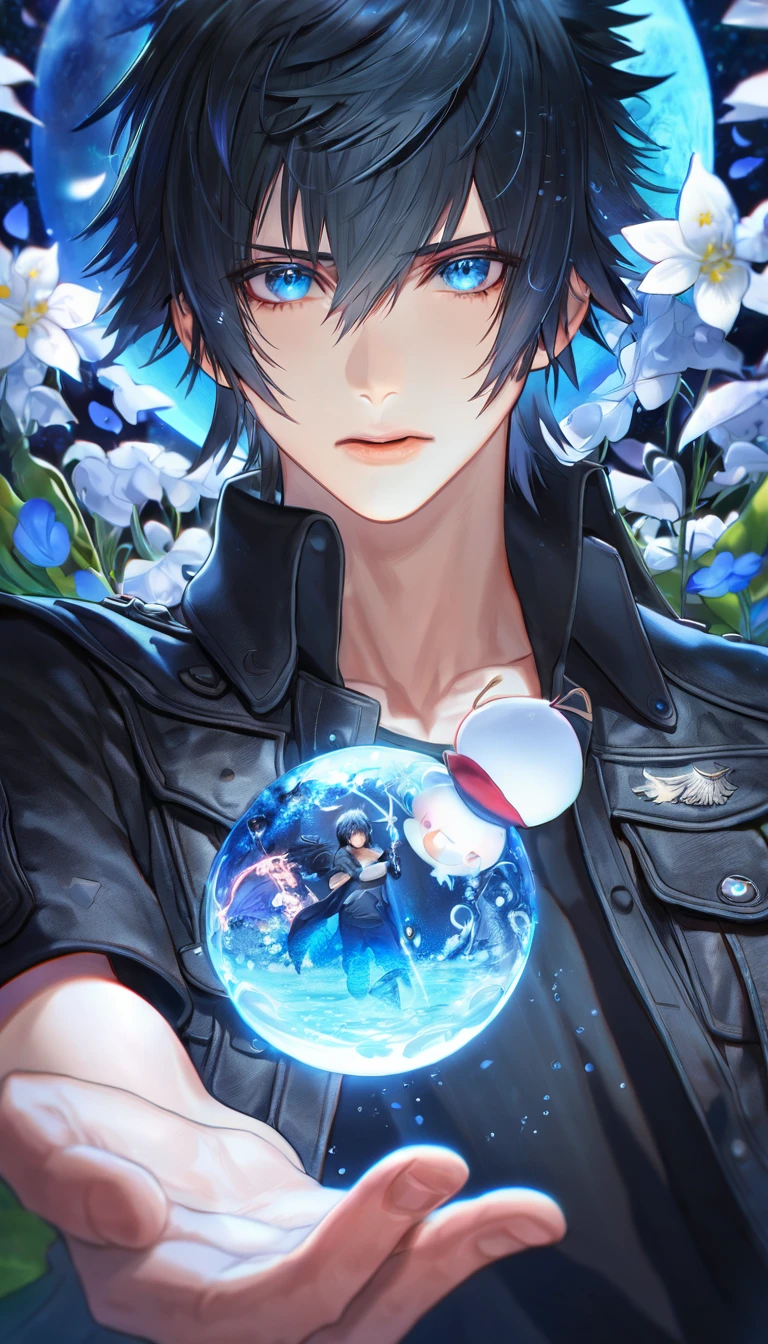 absurdres, highres, ultra detailed, HDR, master piece, Noctis Lucis Caelum, black hair, expressive blue eyes, Final Fantasy XV, sexy man, handsome, best quality, blue moon, flowers, fantasy, magical, solo, water, blue shining fireflies, blue petals, black jacket, black shirt, black gloves, holding a white moogle