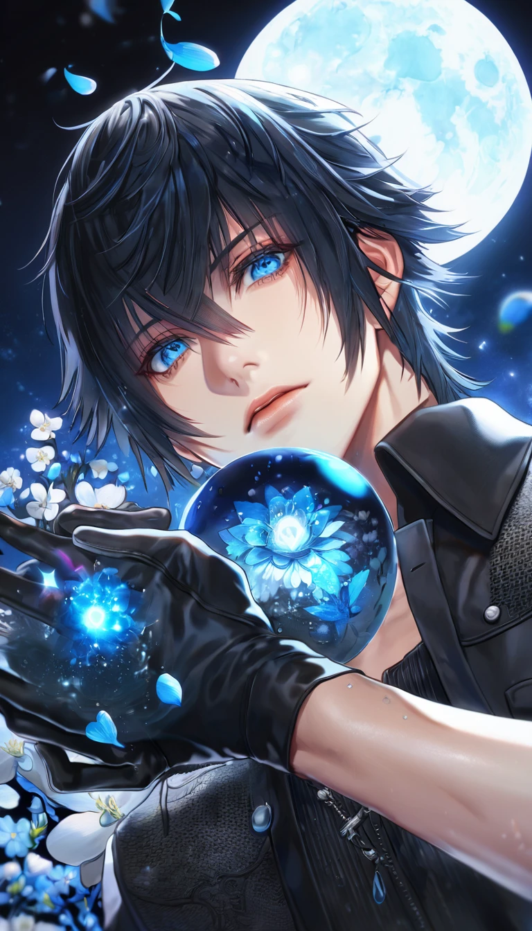 absurdres, highres, ultra detailed, HDR, master piece, Noctis Lucis Caelum, black hair, expressive blue eyes, Final Fantasy XV, sexy man, handsome, best quality, blue moon, flowers, fantasy, magical, solo, water, blue shining fireflies, blue petals, black jacket, black shirt, black gloves, holding a white moogle