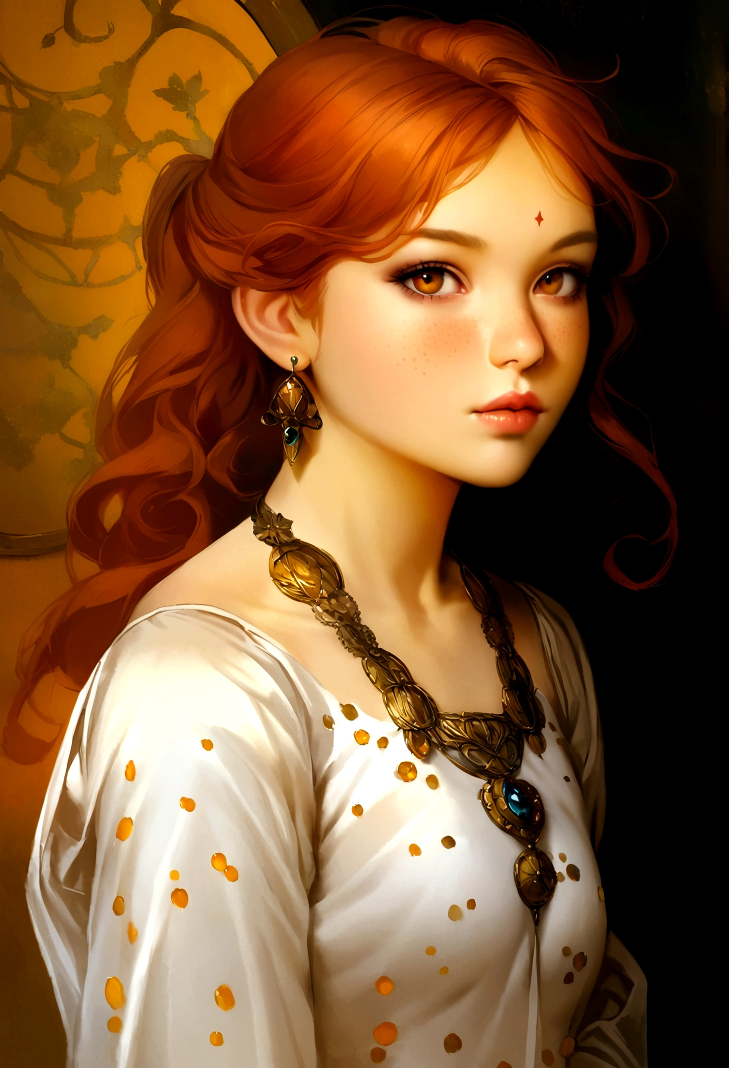 an incredibly beautiful 18-year-old girl with copper-red hair, an aquiline face and amber-yellow eyes, with a short and thin body, with many freckles on her face, she dresses in long, spacey pant, sexy in a nude outfit, 1girl, breasts, realistic, long hair, jewelry, blonde hair, solo, navel, earrings, forehead mark, lips, facial mark, see-through, nose, detached sleeves, looking at viewer, revealing clothes,Oil painting