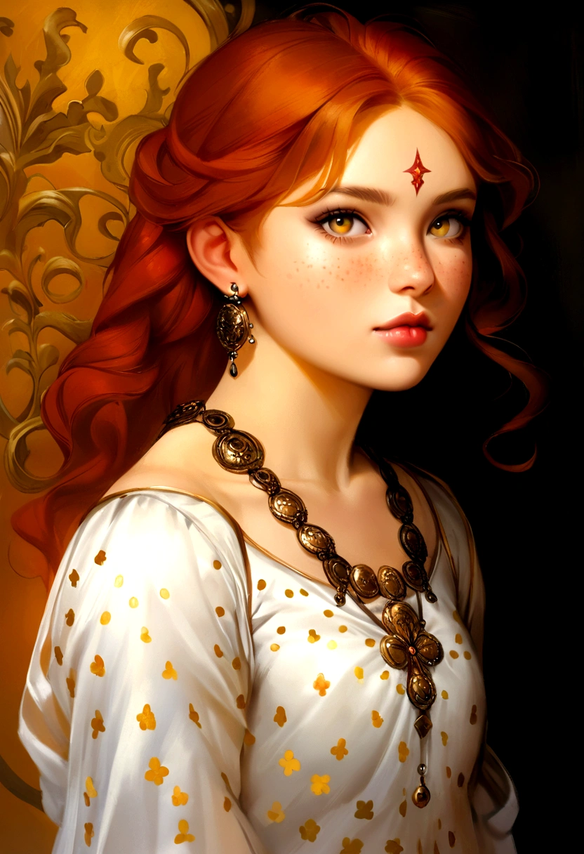 an incredibly beautiful 18-year-old girl with copper-red hair, an aquiline face and amber-yellow eyes, with a short and thin body, with many freckles on her face, she dresses in long, spacey pant, sexy in a nude outfit, 1girl, breasts, realistic, long hair, jewelry, blonde hair, solo, navel, earrings, forehead mark, lips, facial mark, see-through, nose, detached sleeves, looking at viewer, revealing clothes,Oil painting