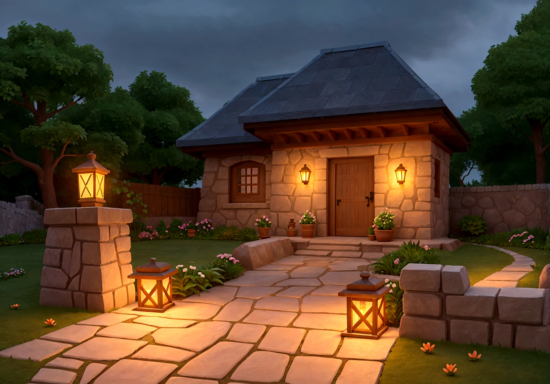a stone wall, a refined wooden door, a stone path, garden, flowers, mystic, light orange lights, details. better quality. hd