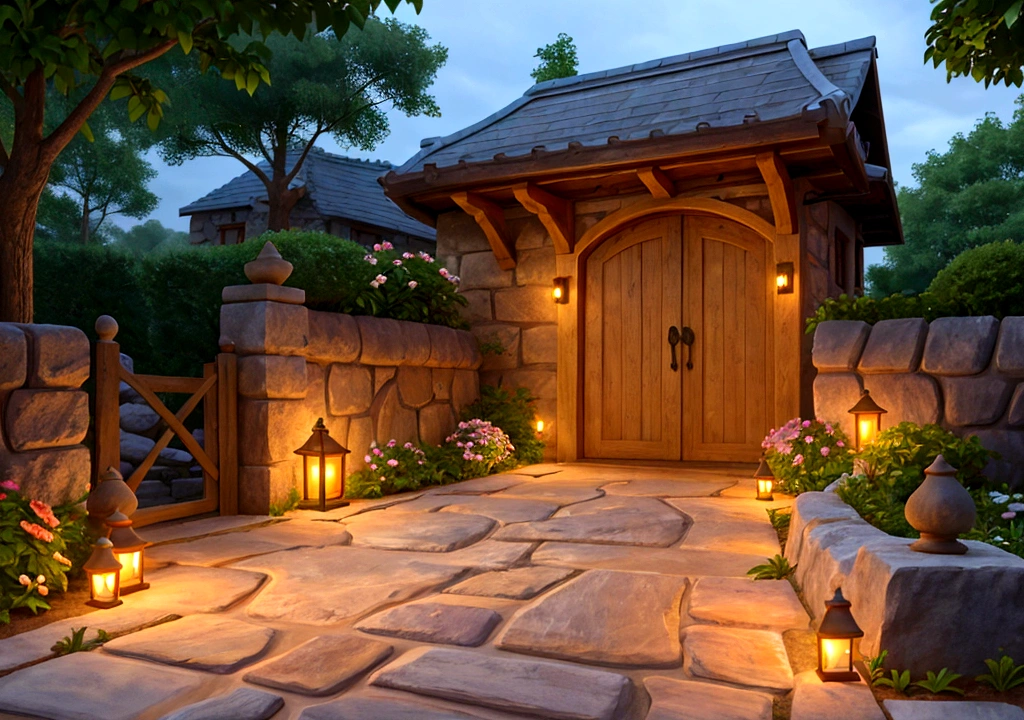 a stone wall, a refined wooden door, a stone path, garden, flowers, mystic, light orange lights, details. better quality. hd