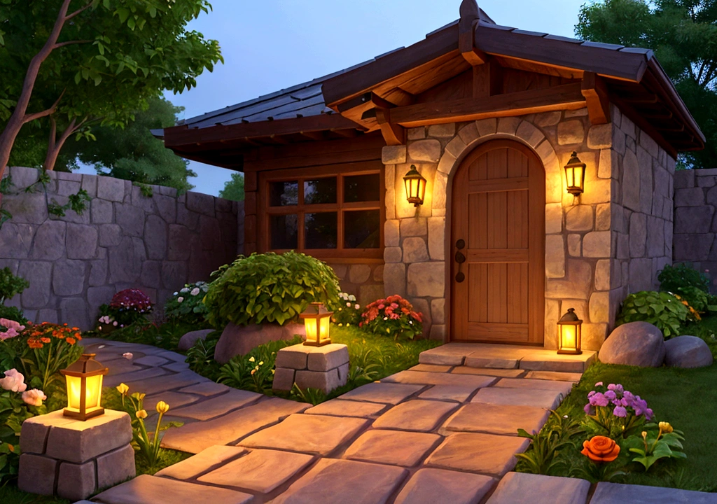 a stone wall, a refined wooden door, a stone path, garden, flowers, mystic, light orange lights, details. better quality. hd