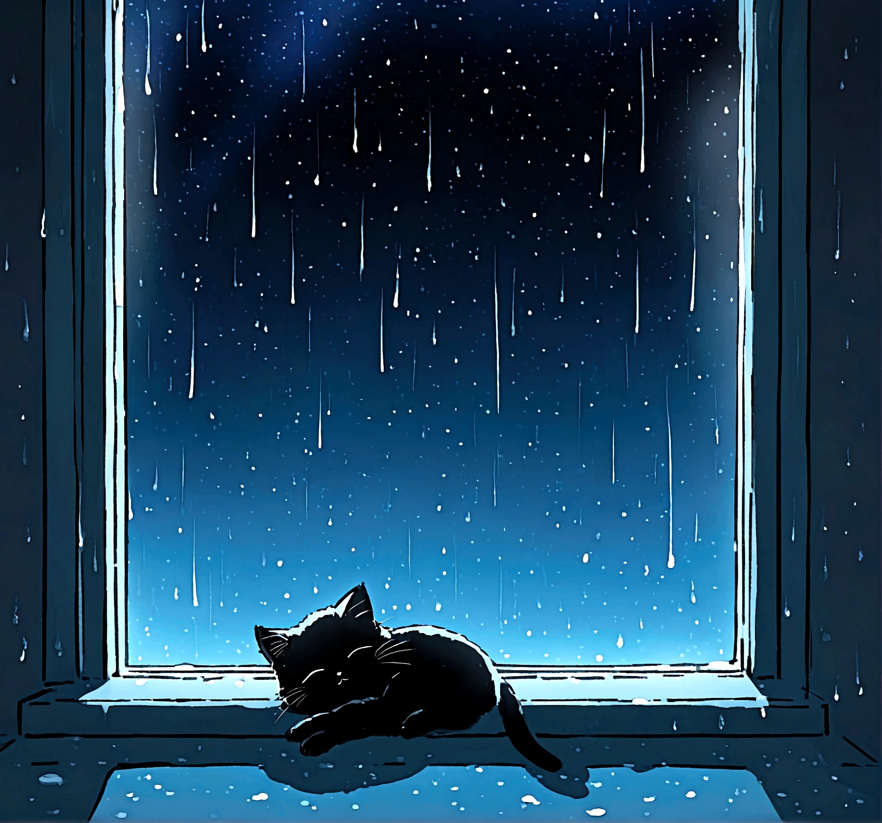 see what&#39;is happening nearby, window, window sill, glass, This&#39;It's raining outside, water on the glass, blue toned, suru, tenebrosa, natta, Starry sky,Black kitten sleeping
