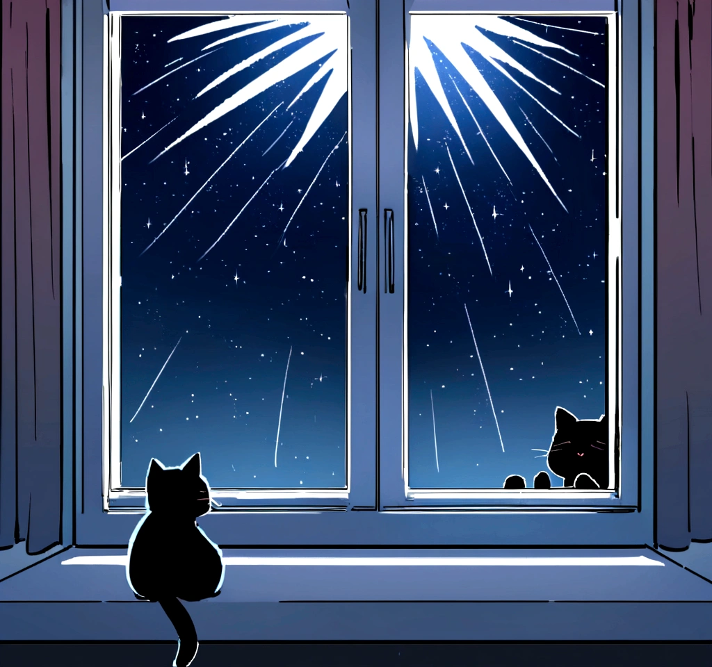 see what'is happening nearby, window, window sill, glass, This'It's raining outside, water on the glass, blue toned, suru, tenebrosa, natta, Starry sky,Black kitten sleeping