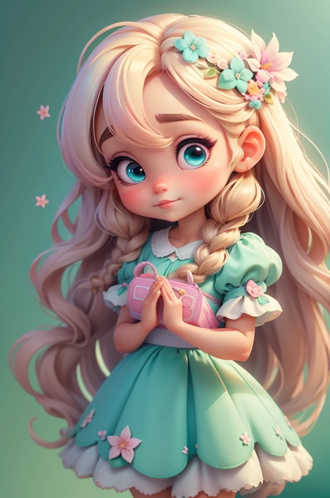 imagem de alta qualidade de uma boneca chibi Ariana Grande: boneca chibi ,illustration,detalhes delicados,Pose encantadora,lovely expression,cores suaves,roupa bonita,cabelos intrincados,beautiful eyes and lips,melhor qualidade,ultra-detalhado,fotorrealista,vivid colors, solid background, profesional lighting, girly accessories, espressiva, headband flowers, blue eyes, ombre hair, long hair, basket of flowers in hands, lovely pose, black eyes, wearing a fairy outfit pastel colors glitter, mint green, pink, and soft purple, exuberant, perfect, centered in the photo with a white background, nitid, fairy vibes, standing, pink flat shoes, vibrant, white background, blonde hair, blonde hair, hair blonde
