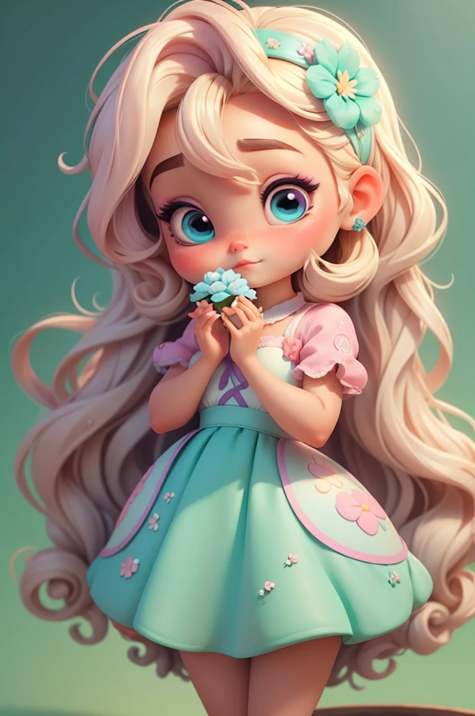 imagem de alta qualidade de uma boneca chibi Ariana Grande: boneca chibi ,illustration,detalhes delicados,Pose encantadora,lovely expression,cores suaves,roupa bonita,cabelos intrincados,beautiful eyes and lips,melhor qualidade,ultra-detalhado,fotorrealista,vivid colors, solid background, profesional lighting, girly accessories, espressiva, headband flowers, blue eyes, ombre hair, long hair, basket of flowers in hands, lovely pose, black eyes, wearing a fairy outfit pastel colors glitter, mint green, pink, and soft purple, exuberant, perfect, centered in the photo with a white background, nitid, fairy vibes, standing, pink flat shoes, vibrant, white background, blonde hair, blonde hair, hair blonde