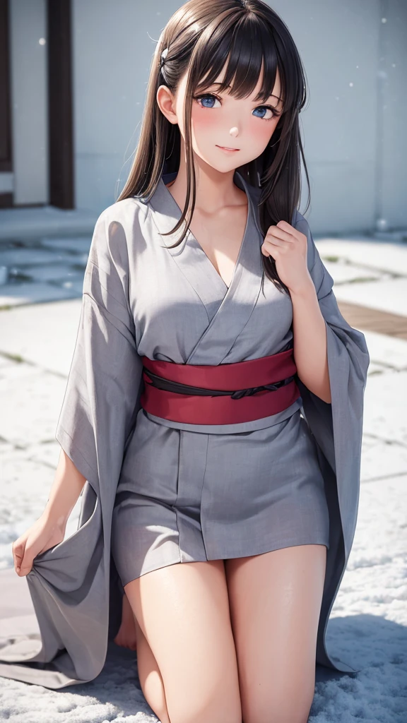 ((best quality, 8K, masterpiece :1.3)), Clear focus:1.2 , Photorealistic,(light),Facial detail texture. Eye details. Double eyelids, slim body. Super small breasts, Sexy clavicle, girl, Photo-realistic:1.37,Perfect eyes, ((1 Girl in a gray yukata)),(White belt),(Thick cloth),((Ripped Linen)),There are pictures,Dark brown hair,Long hair draped loosely,Bangs,Kneeling in the snow,barefoot,Put your hands behind your back,Kneeling,Full body portrait,Short sleeve,Short skirt,Show your thighs,Wrinkles,((Solid color background)),Very shy,blush,Get wet