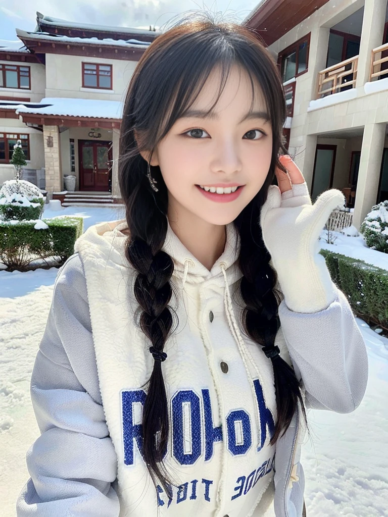 (A photo of a super cute Korean schoolgirl wearing a down jacket:1.2)(grin,smile:1.1)(Beautiful Sweat:1.1)(16K, RAW Photos, Highest quality, masterpiece: 1.2),(A cute braid of shiny black hair) Super detailed, Super Resolution, (Genuine, Genuine photos: 1.37), Portraiture, High-resolution RAW color photos, Professional photos, Very detailed, 8k wallpaper, Very detailed CG Unity 8k wallpaper, Very detailed beautiful girls, Very detailed faces, ((whole body)), beautiful woman, Huge breasts,(huge boobs:1.1) (Big Boobs:1.1), beautiful (Wear a down jacket),high school girl, Korean Girls,(K-POP Female Idols), (Idol-class beauty)(Beautiful high school girl:1.1)(Large icicles in front of a house in heavy snow)(17 years old)(North Face down jacket over a tight sweatshirt:1.1)Wearing a fluffy scarf and hand-knitted gloves