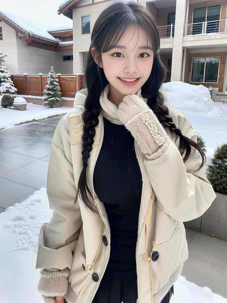 (A photo of a super cute Korean schoolgirl wearing a down jacket:1.2)(grin,smile:1.1)(Beautiful Sweat:1.1)(16K, RAW Photos, Highest quality, masterpiece: 1.2),(A cute braid of shiny black hair) Super detailed, Super Resolution, (Genuine, Genuine photos: 1.37), Portraiture, High-resolution RAW color photos, Professional photos, Very detailed, 8k wallpaper, Very detailed CG Unity 8k wallpaper, Very detailed beautiful girls, Very detailed faces, ((whole body)), beautiful woman, Huge breasts,(huge boobs:1.1) (Big Boobs:1.1), beautiful (Wear a down jacket),high school girl, Korean Girls,(K-POP Female Idols), (Idol-class beauty)(Beautiful high school girl:1.1)(Large icicles in front of a house in heavy snow)(17 years old)(North Face down jacket over a tight sweatshirt:1.1)Wearing a fluffy scarf and hand-knitted gloves