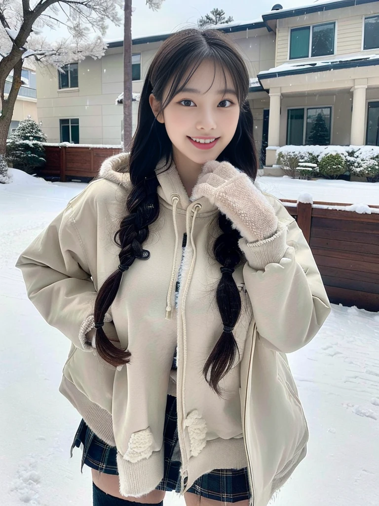 (A photo of a super cute Korean schoolgirl wearing a down jacket:1.2)(grin,smile:1.1)(Beautiful Sweat:1.1)(16K, RAW Photos, Highest quality, masterpiece: 1.2),(A cute braid of shiny black hair) Super detailed, Super Resolution, (Genuine, Genuine photos: 1.37), Portraiture, High-resolution RAW color photos, Professional photos, Very detailed, 8k wallpaper, Very detailed CG Unity 8k wallpaper, Very detailed beautiful girls, Very detailed faces, ((whole body)), beautiful woman, Huge breasts,(huge boobs:1.1) (Big Boobs:1.1), beautiful  (Wear a down jacket),high school girl, Korean Girls,(K-POP Female Idols), (Idol-class beauty)(Beautiful high school girl:1.1)(Large icicles in front of a house in heavy snow)(17 years old)(North Face down jacket over a tight sweatshirt:1.1)Wearing a fluffy scarf and hand-knitted gloves