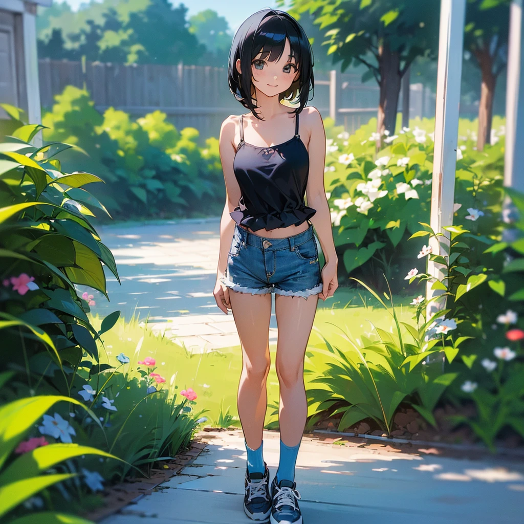 (high quality, High resolution, Very detailed, reality:1.37), Peaceful atmosphere, (Outdoor, garden), Teenage girl standing alone, (my breasts are big.), Beautiful details, Cute Smile, (Black bob hair), camisole, Denim shorts, Blue socks, sneakers.