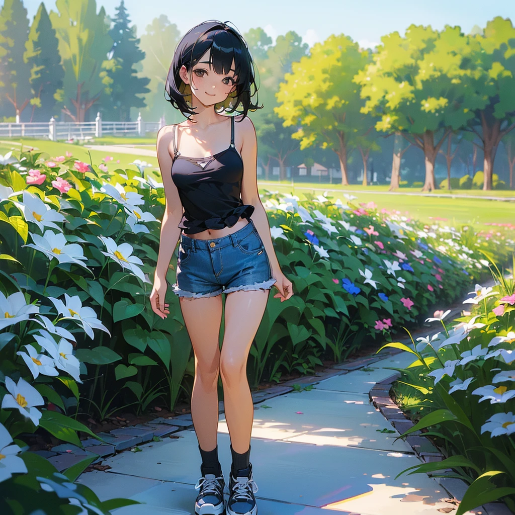 (high quality, High resolution, Very detailed, reality:1.37), Peaceful atmosphere, (Outdoor, garden), Teenage girl standing alone, (my breasts are big.), Beautiful details, Cute Smile, (Black bob hair), camisole, Denim shorts, Blue socks, sneakers.