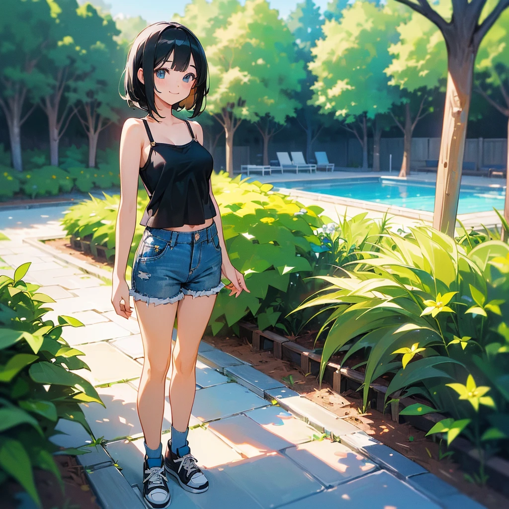 (high quality, High resolution, Very detailed, reality:1.37), Peaceful atmosphere, (Outdoor, garden), girl standing alone, (my breasts are big.), Beautiful details, Cute Smile, (Black bob hair), camisole, Denim shorts, Blue socks, sneakers.